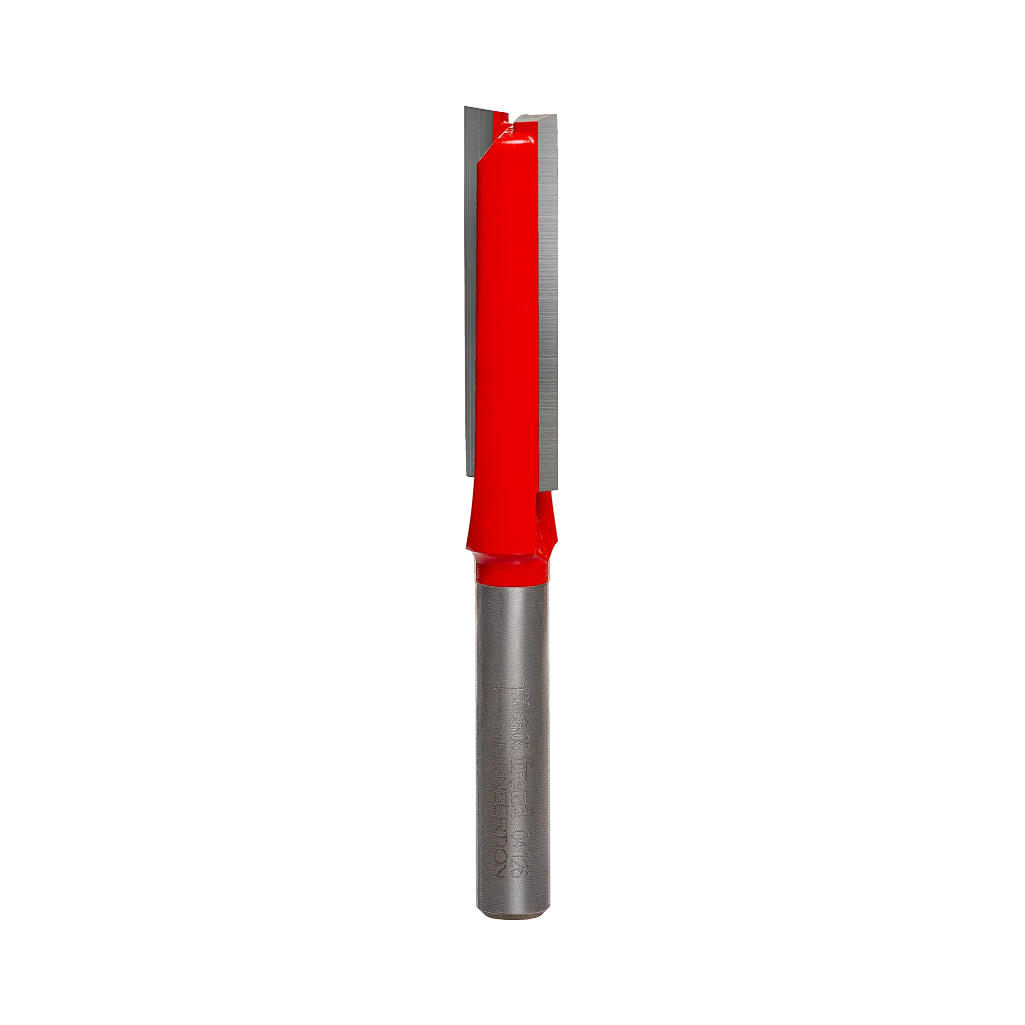 Studio product shot of the Freud 04-126 double flute straight router bit, showing the standard 1/4-inch silver shank and the red Perma-SHIELD coated cutter head with two carbide flutes.