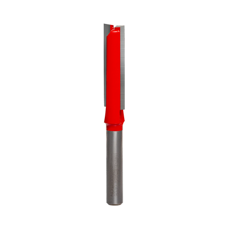 Studio product shot of the Freud 04-126 double flute straight router bit, showing the standard 1/4-inch silver shank and the red Perma-SHIELD coated cutter head with two carbide flutes.