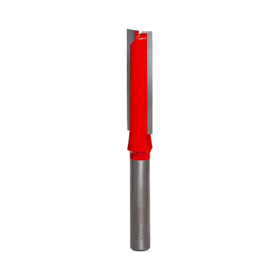 Studio product shot of the Freud 04-126 double flute straight router bit, showing the standard 1/4-inch silver shank and the red Perma-SHIELD coated cutter head with two carbide flutes.