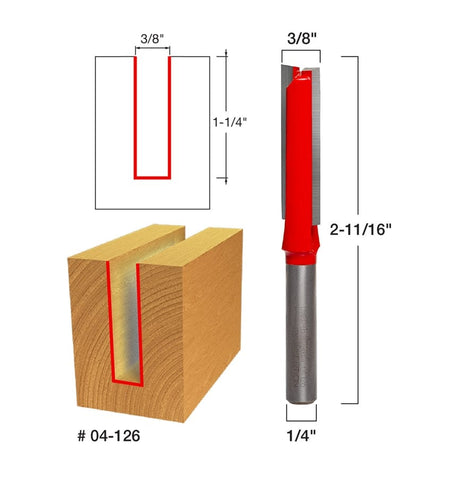 Technical diagram showing a cross-section of a wood cut, indicating a slot width of 3/8 inch and a deep cutting depth of 1-1/4 inch for model number 04-126.