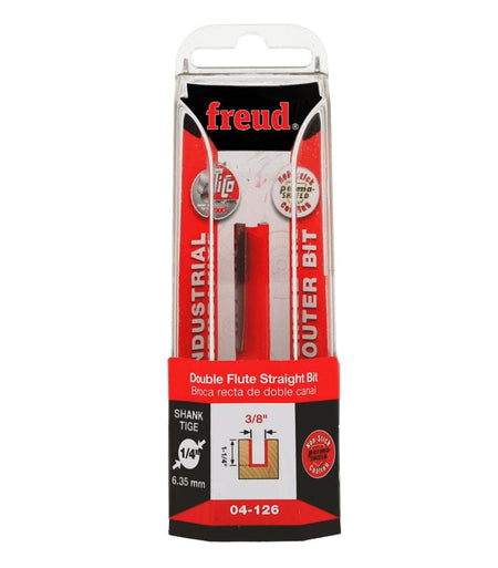 Retail packaging for the Freud 04-126 Double Flute Straight Bit, featuring the red tool in a clear blister pack and highlighting the 3/8 inch diameter and deep 1-1/4 inch cutting height.