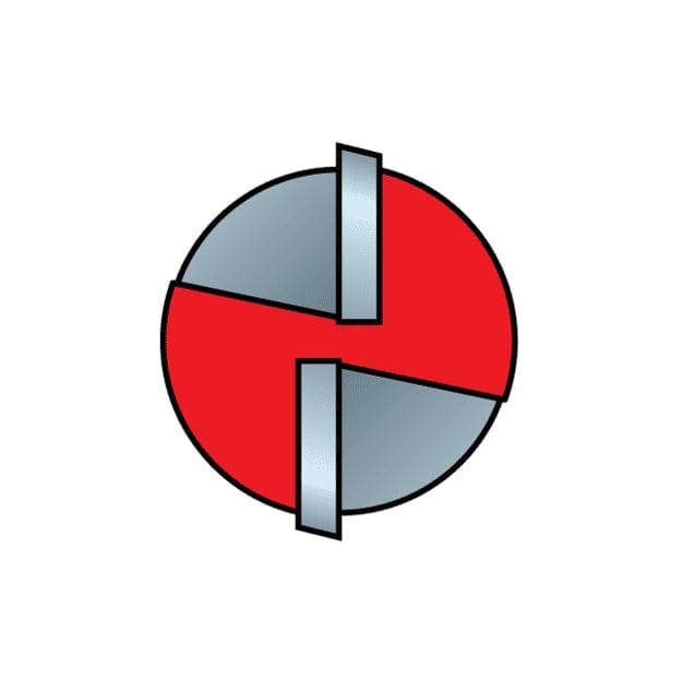 Top-down diagram of the router bit profile showing the circular cutting path and the arrangement of the two grey carbide cutting flutes against a red background.