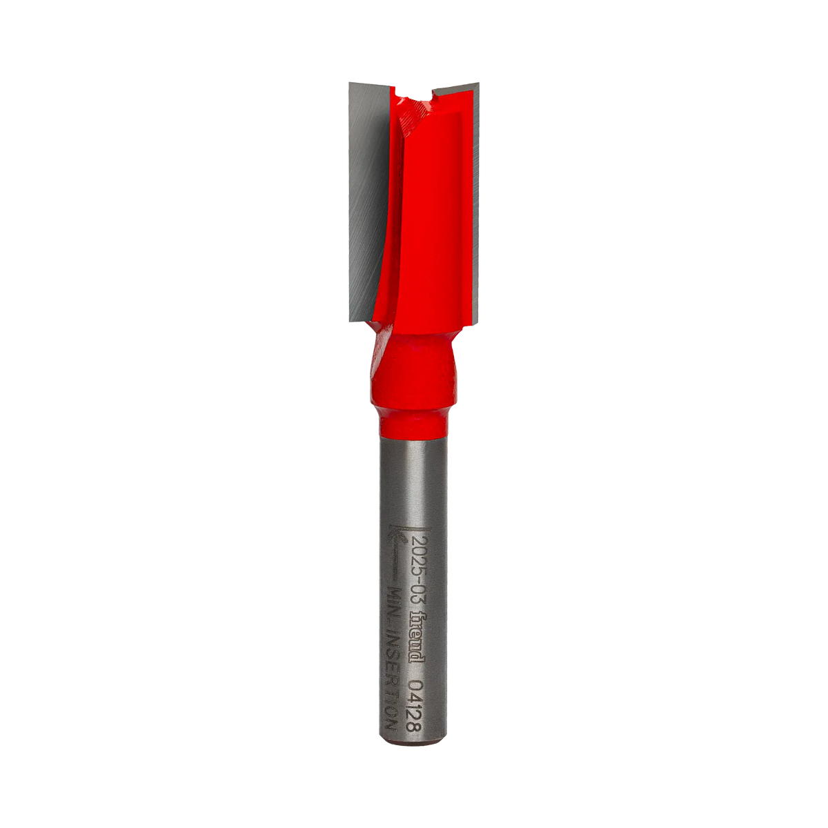 Studio product shot of the Freud 04-128 double flute straight router bit, featuring a standard 1/4-inch silver shank and a red Perma-SHIELD coated cutter head with two carbide flutes.
