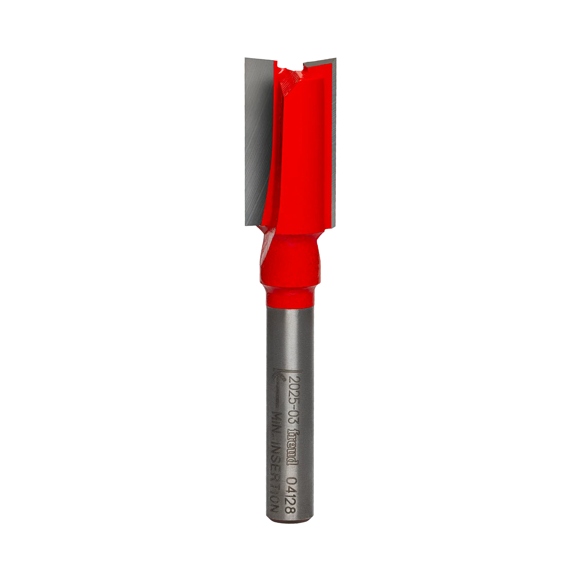 Studio product shot of the Freud 04-128 double flute straight router bit, featuring a standard 1/4-inch silver shank and a red Perma-SHIELD coated cutter head with two carbide flutes.