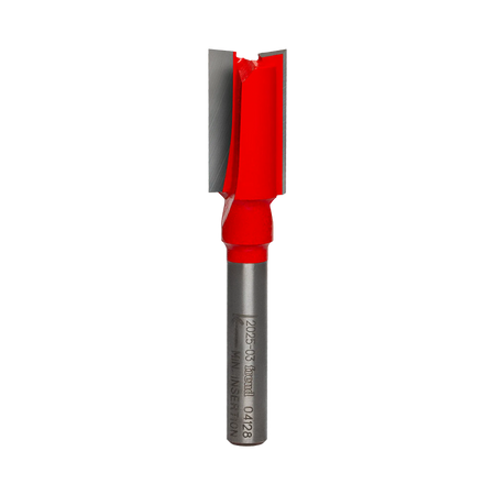 Studio product shot of the Freud 04-128 double flute straight router bit, featuring a standard 1/4-inch silver shank and a red Perma-SHIELD coated cutter head with two carbide flutes.