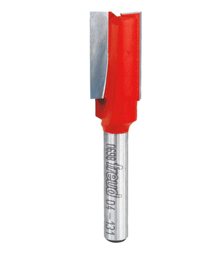 Studio product shot of the Freud 04-131 double flute straight router bit, featuring a silver 1/4-inch shank and a red Perma-SHIELD coated cutter head.