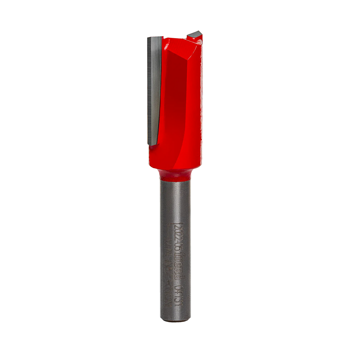 Studio product shot of the Freud 04-131 double flute straight router bit, featuring a silver 1/4-inch shank and a red Perma-SHIELD coated cutter head.