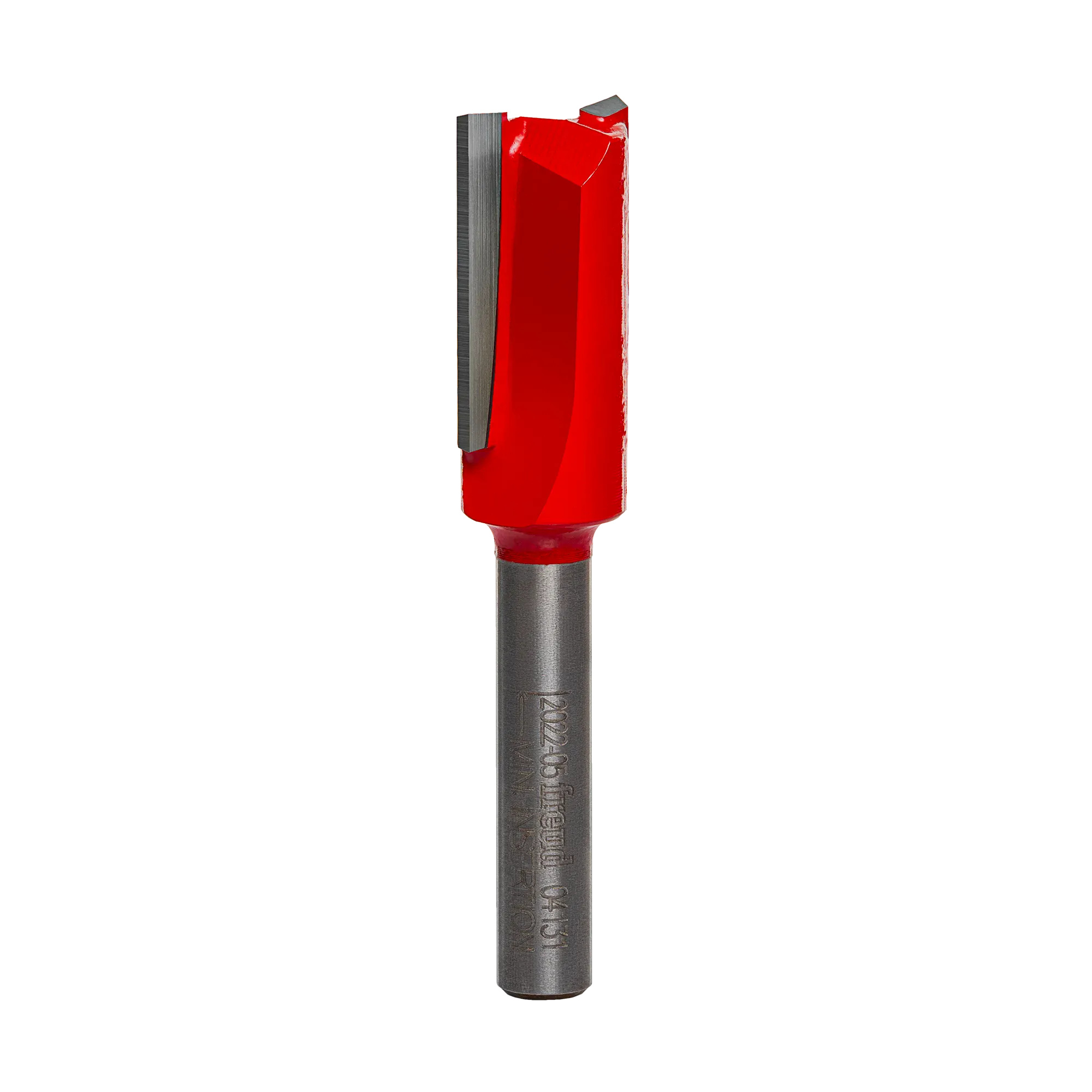 Studio product shot of the Freud 04-131 double flute straight router bit, featuring a silver 1/4-inch shank and a red Perma-SHIELD coated cutter head.
