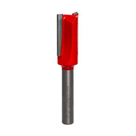 Studio product shot of the Freud 04-131 double flute straight router bit, featuring a silver 1/4-inch shank and a red Perma-SHIELD coated cutter head.