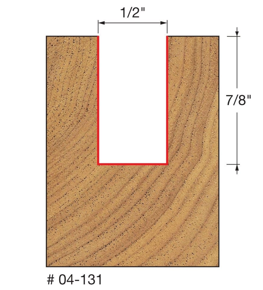 Technical diagram showing a cross-section of a wood cut, indicating a slot width of 1/2 inch and a cutting depth of 7/8 inch for model number 04-131.