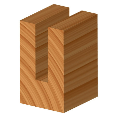 3D computer graphic showing a block of wood with a wide square channel groove cut into the top surface, illustrating the profile created by the straight bit.
