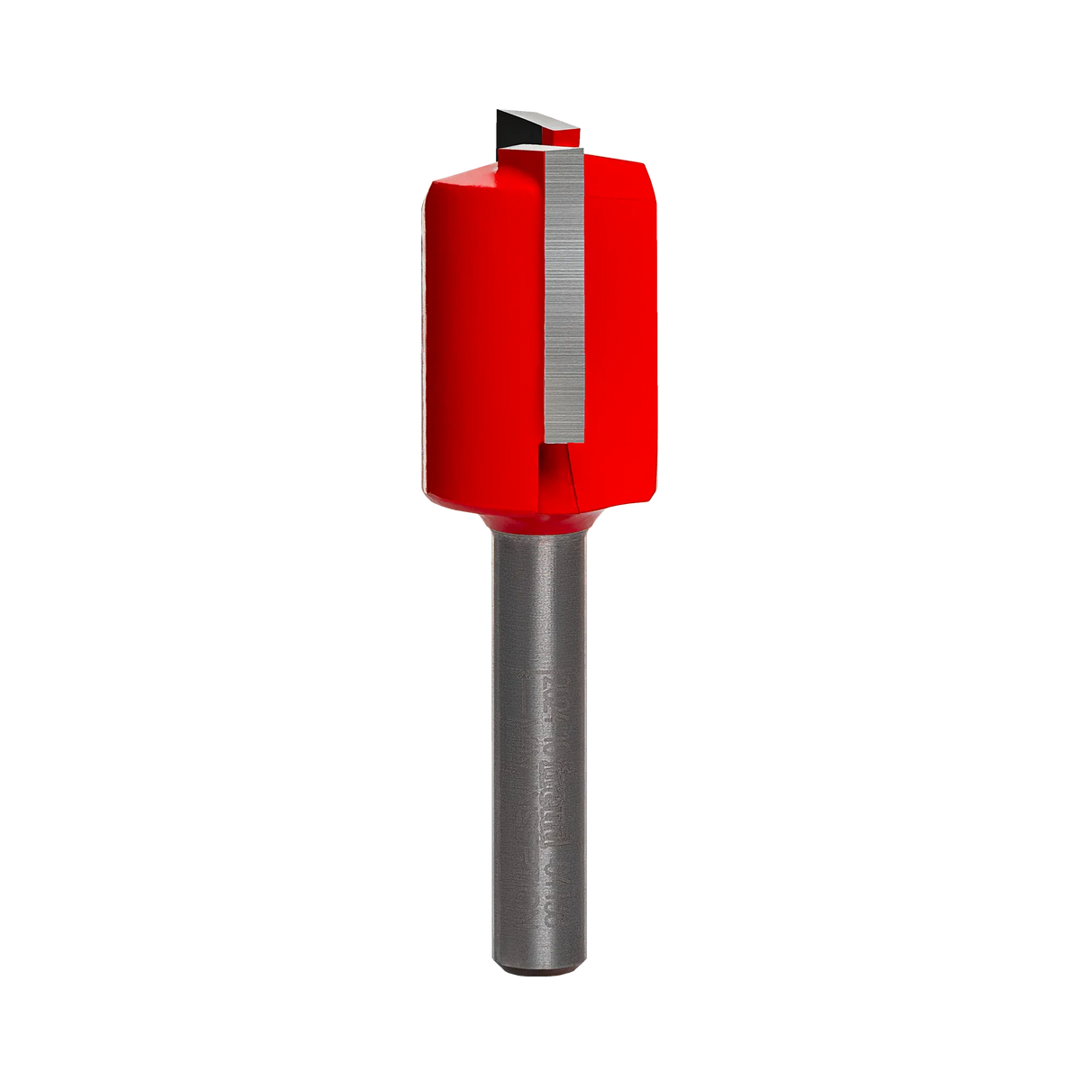 Studio product shot of the Freud 04-138 double flute straight router bit, featuring a silver 1/4-inch shank and a red Perma-SHIELD coated cutter head.