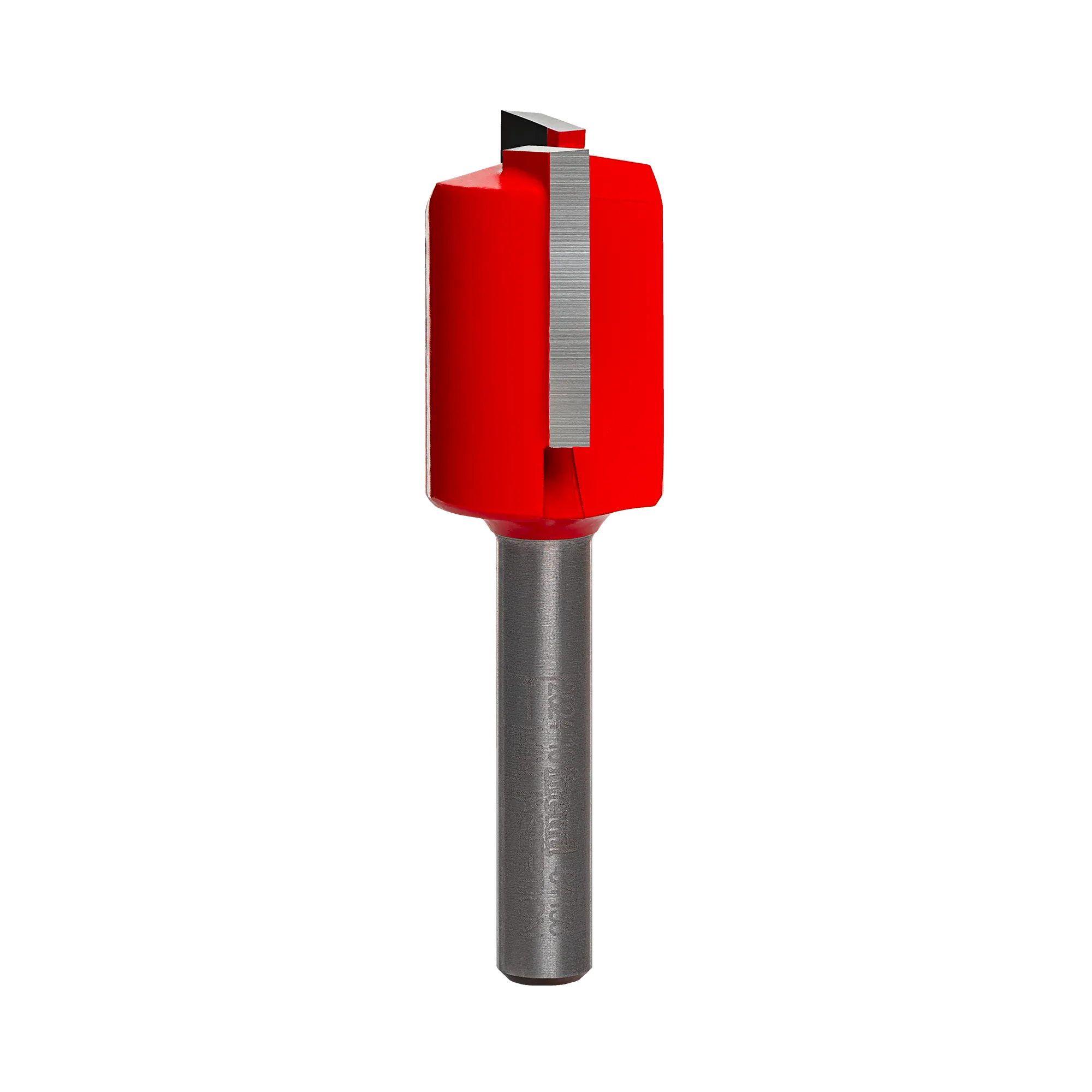 Studio product shot of the Freud 04-138 double flute straight router bit, featuring a silver 1/4-inch shank and a red Perma-SHIELD coated cutter head.