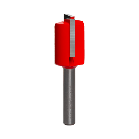 Studio product shot of the Freud 04-138 double flute straight router bit, featuring a silver 1/4-inch shank and a red Perma-SHIELD coated cutter head.