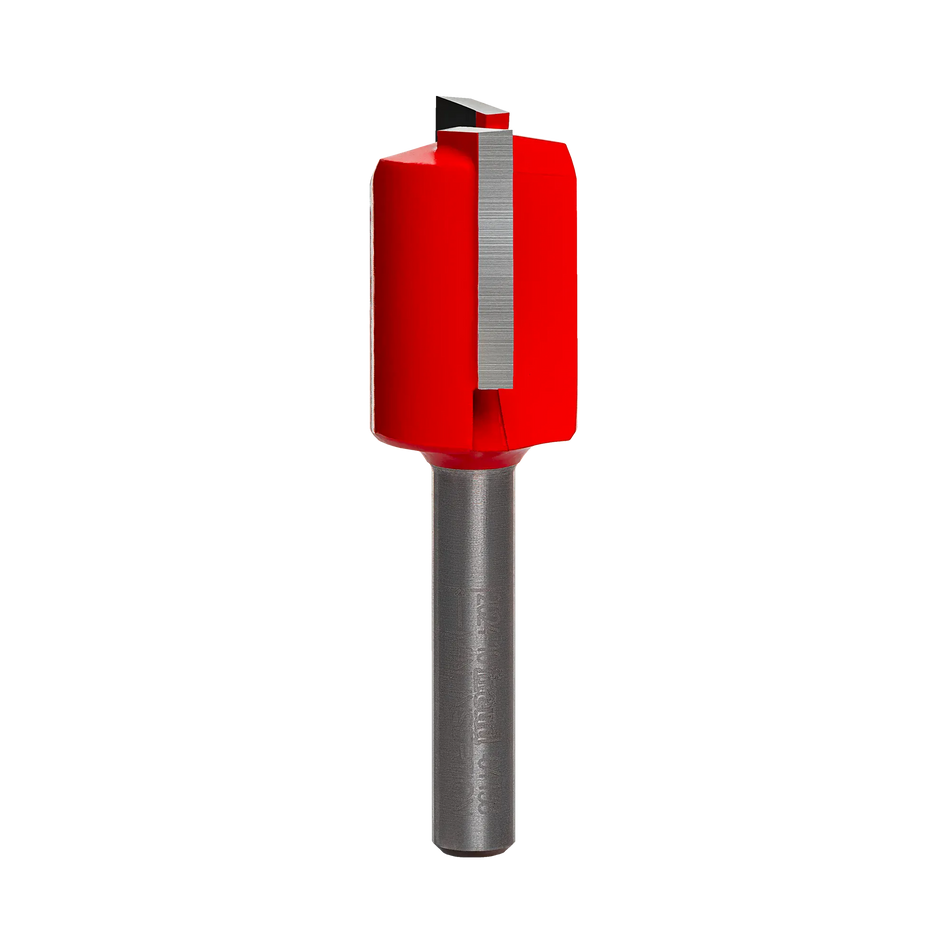 Studio product shot of the Freud 04-138 double flute straight router bit, featuring a silver 1/4-inch shank and a red Perma-SHIELD coated cutter head.