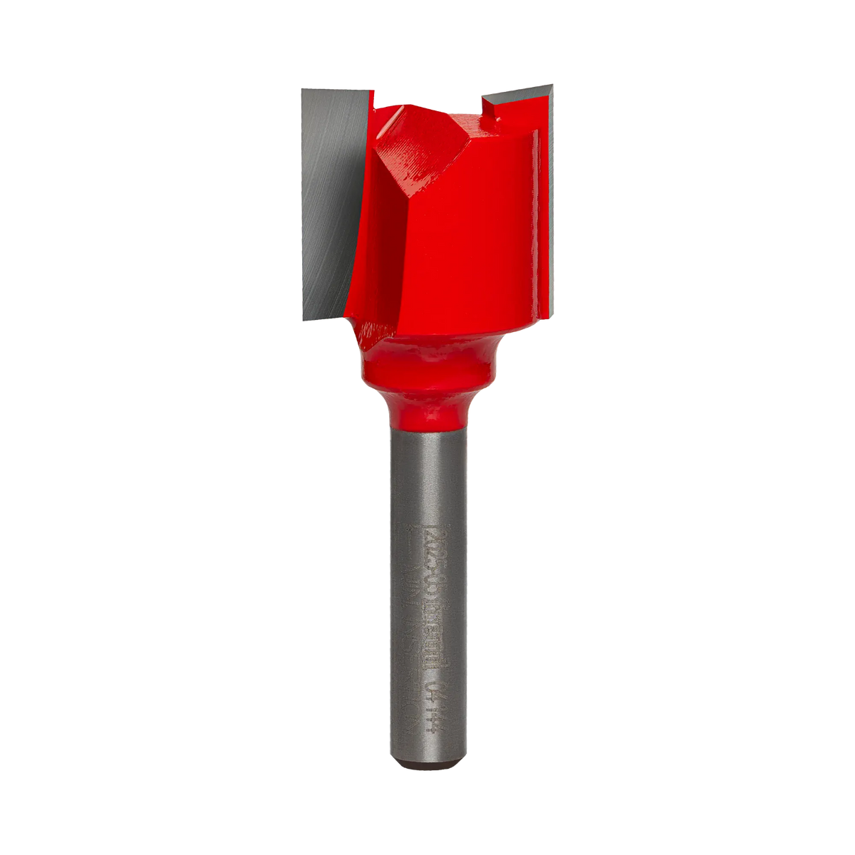 Studio product shot of the Freud 04-144 double flute straight router bit, featuring a silver 1/4-inch shank and a red Perma-SHIELD coated cutter head.
