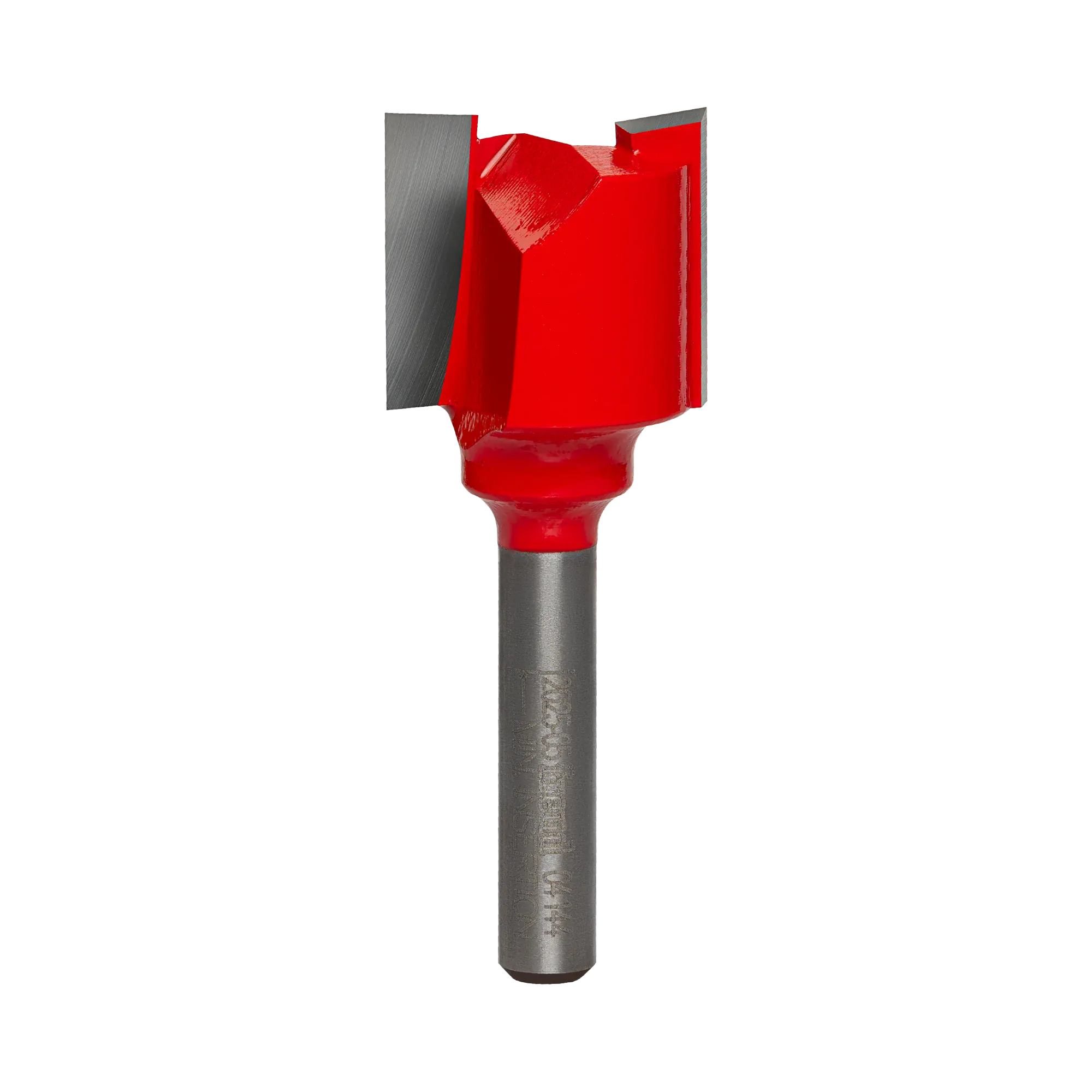 Studio product shot of the Freud 04-144 double flute straight router bit, featuring a silver 1/4-inch shank and a red Perma-SHIELD coated cutter head.