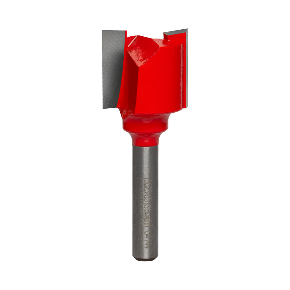 Studio product shot of the Freud 04-144 double flute straight router bit, featuring a silver 1/4-inch shank and a red Perma-SHIELD coated cutter head.