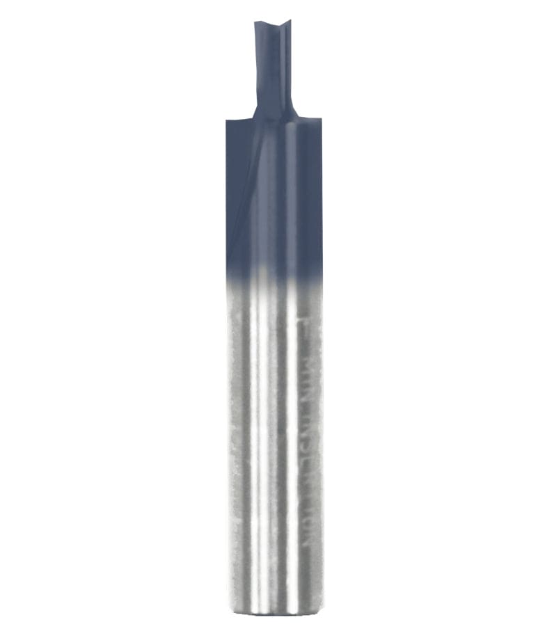 A studio product photograph of the Freud 04-502 double flute straight router bit, showcasing its solid carbide construction with a specialized dark Black I.C.E. coating on the cutting head and a polished 1/4 inch steel shank.