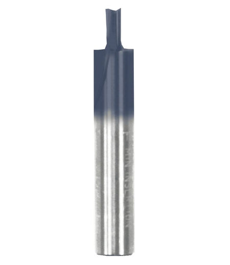 A studio product photograph of the Freud 04-502 double flute straight router bit, showcasing its solid carbide construction with a specialized dark Black I.C.E. coating on the cutting head and a polished 1/4 inch steel shank.