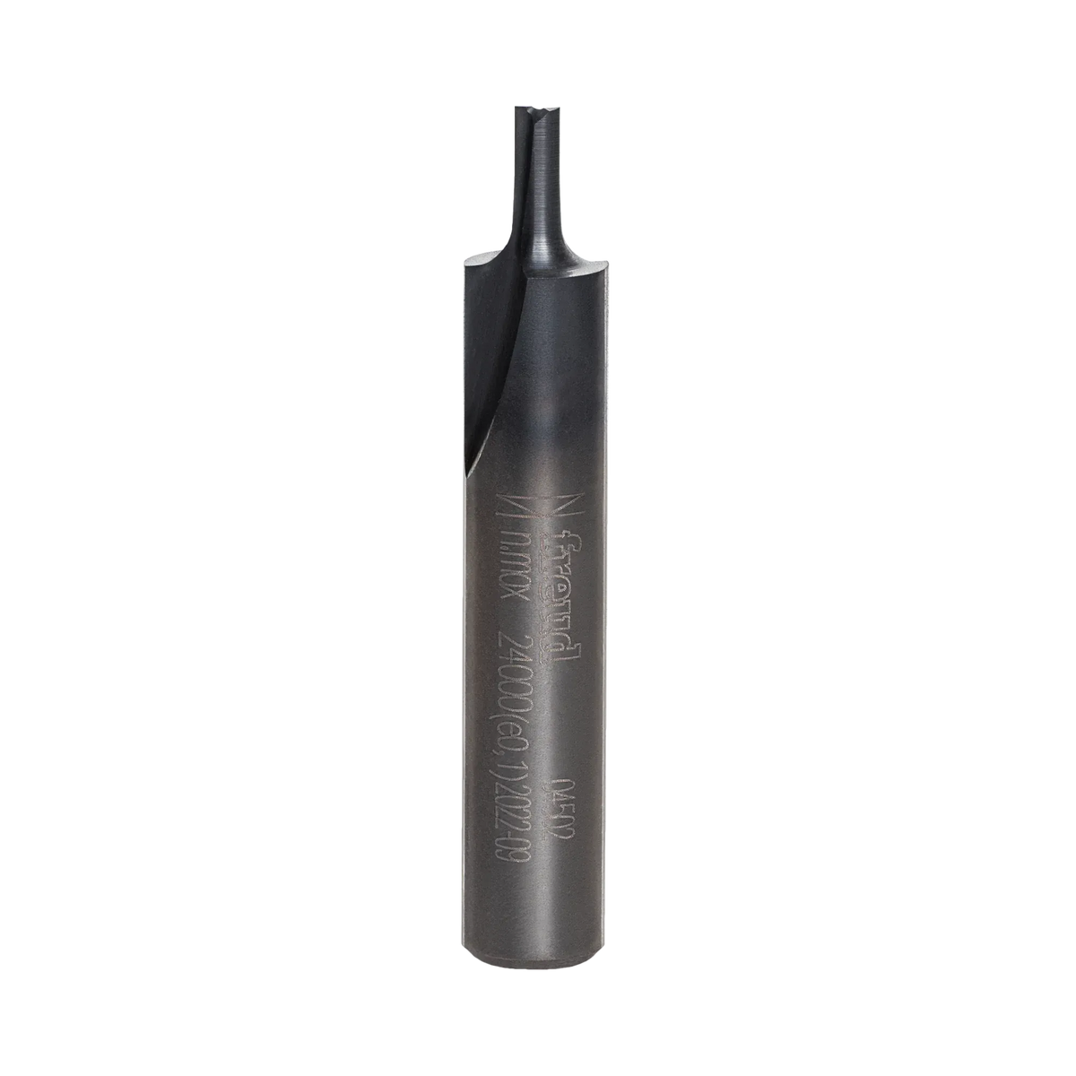 A studio product photograph of the Freud 04-502 double flute straight router bit, showcasing its solid carbide construction with a specialized dark Black I.C.E. coating on the cutting head and a polished 1/4 inch steel shank.