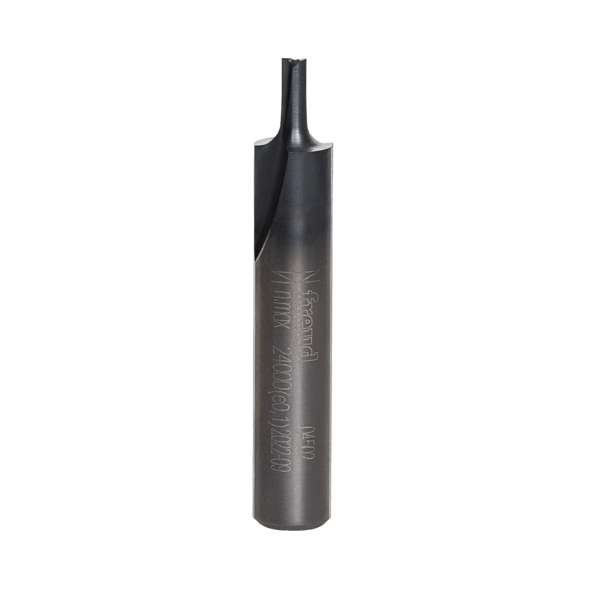 A studio product photograph of the Freud 04-502 double flute straight router bit, showcasing its solid carbide construction with a specialized dark Black I.C.E. coating on the cutting head and a polished 1/4 inch steel shank.