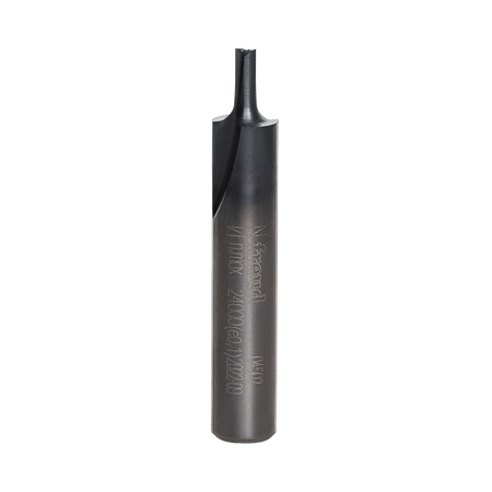 A studio product photograph of the Freud 04-502 double flute straight router bit, showcasing its solid carbide construction with a specialized dark Black I.C.E. coating on the cutting head and a polished 1/4 inch steel shank.