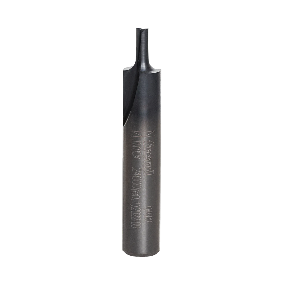 A studio product photograph of the Freud 04-502 double flute straight router bit, showcasing its solid carbide construction with a specialized dark Black I.C.E. coating on the cutting head and a polished 1/4 inch steel shank.