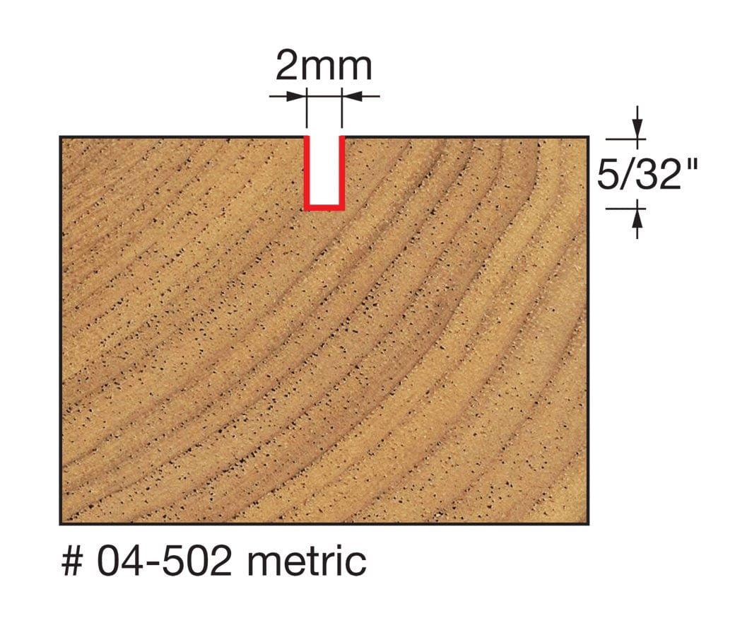 A technical diagram illustrating the cutting profile of the Freud 04-502 bit, showing a cross-section of a wood block with a precise 2mm wide and 5/32 inch deep straight groove.