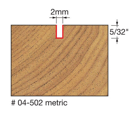 A technical diagram illustrating the cutting profile of the Freud 04-502 bit, showing a cross-section of a wood block with a precise 2mm wide and 5/32 inch deep straight groove.