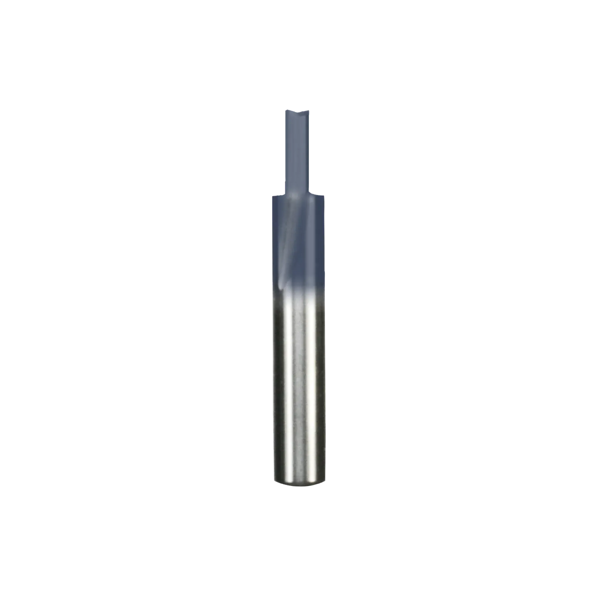 Studio product shot of the Freud 04-508 double flute straight router bit, featuring a solid carbide construction with a 1/4-inch shank and a dark Black I.C.E. coated cutter head.