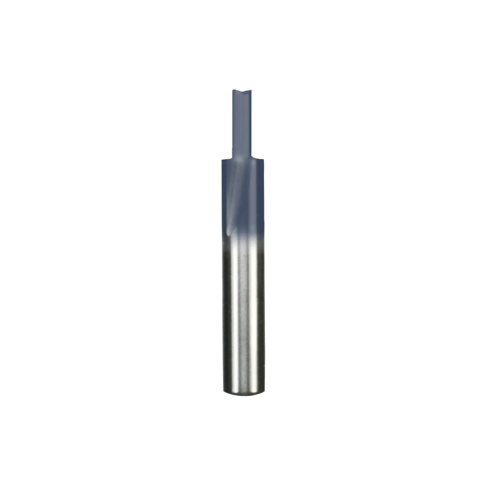 Studio product shot of the Freud 04-508 double flute straight router bit, featuring a solid carbide construction with a 1/4-inch shank and a dark Black I.C.E. coated cutter head.