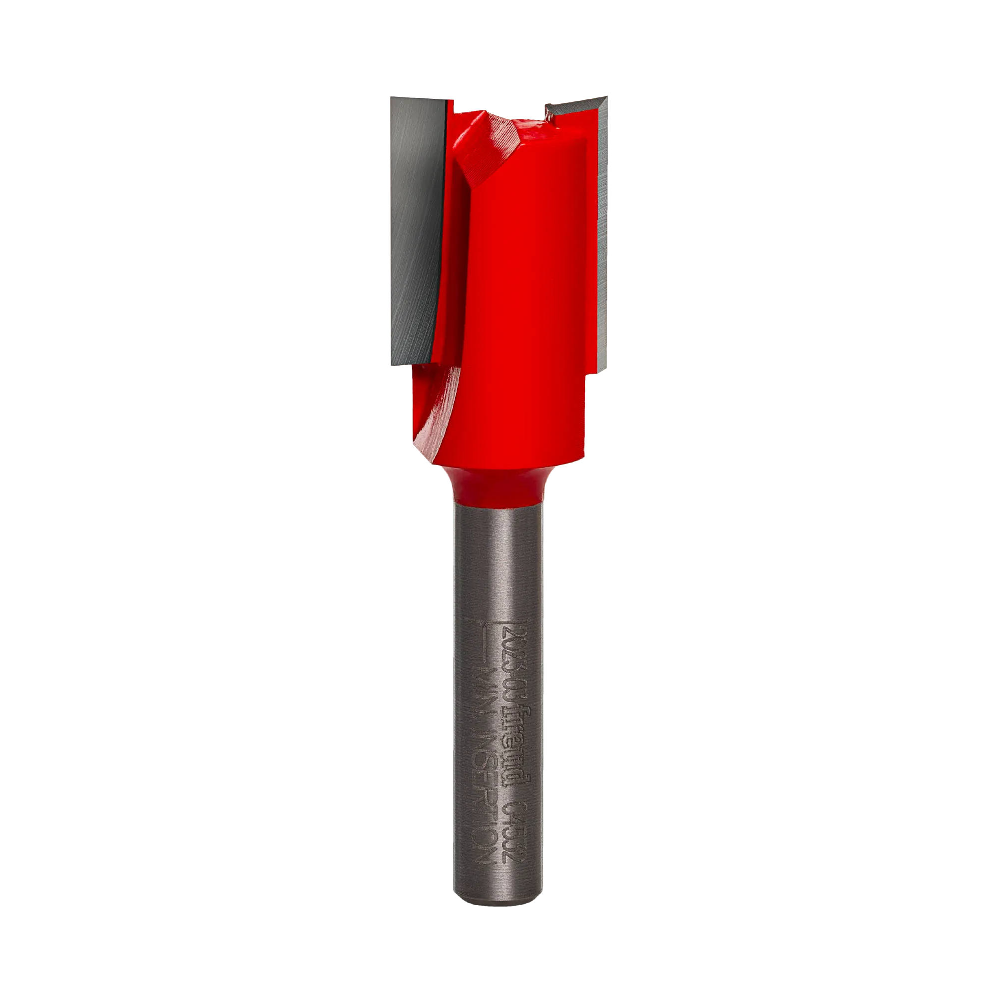 A studio product photograph of the Freud 04-532 double flute straight router bit, showcasing its red cutting head with sharp silver carbide edges and a polished 1/4 inch steel shank.