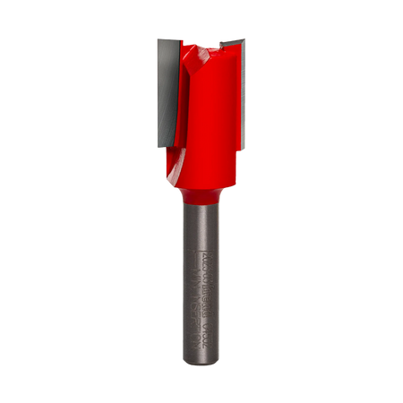A studio product photograph of the Freud 04-532 double flute straight router bit, showcasing its red cutting head with sharp silver carbide edges and a polished 1/4 inch steel shank.