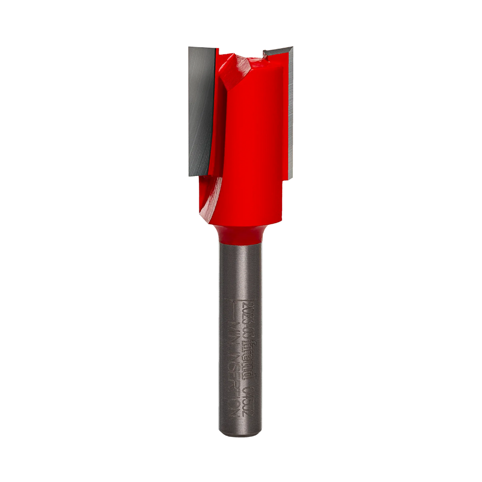 A studio product photograph of the Freud 04-532 double flute straight router bit, showcasing its red cutting head with sharp silver carbide edges and a polished 1/4 inch steel shank.