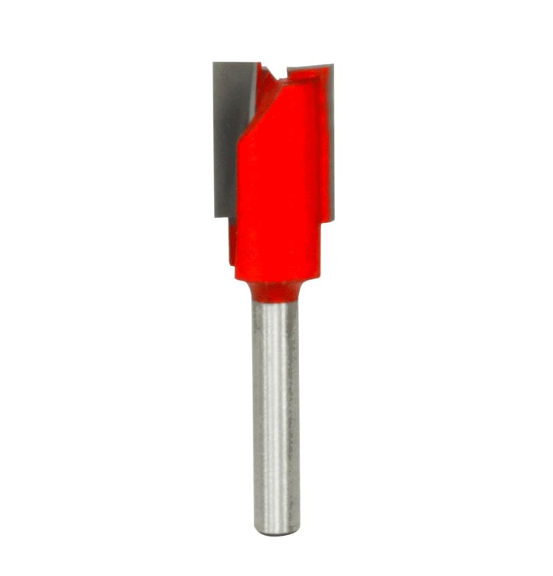 Studio product shot of the Freud 04-540 double flute straight router bit, featuring a silver 1/4-inch shank and a red Perma-SHIELD coated cutter head.