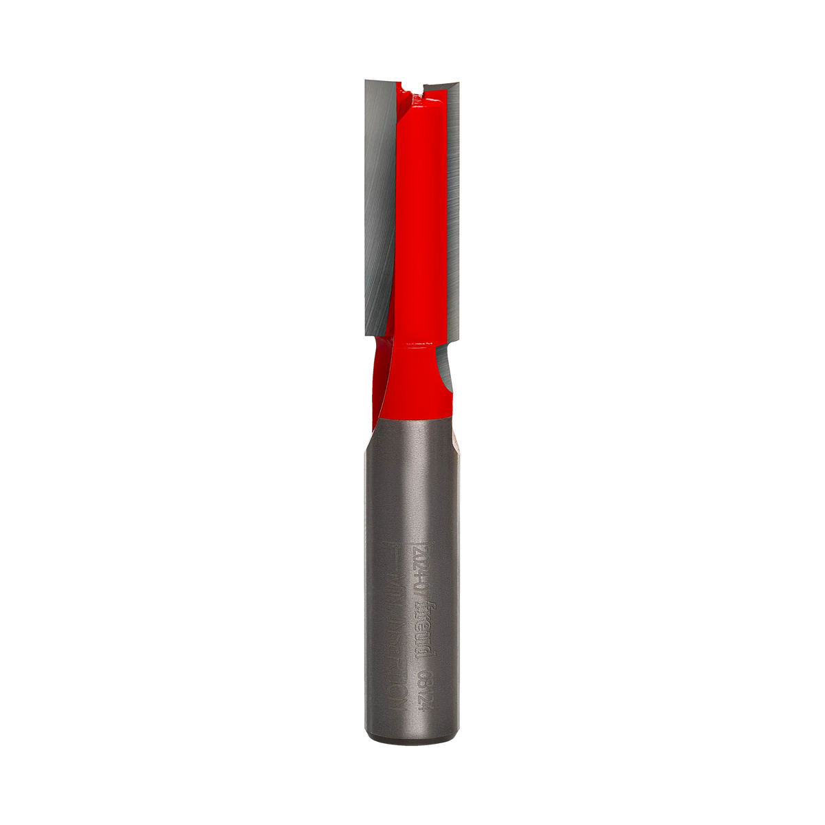 Studio product shot of the Freud 08-124 double flute straight router bit, featuring a silver 3/8-inch shank and a red Perma-SHIELD coated cutter head.