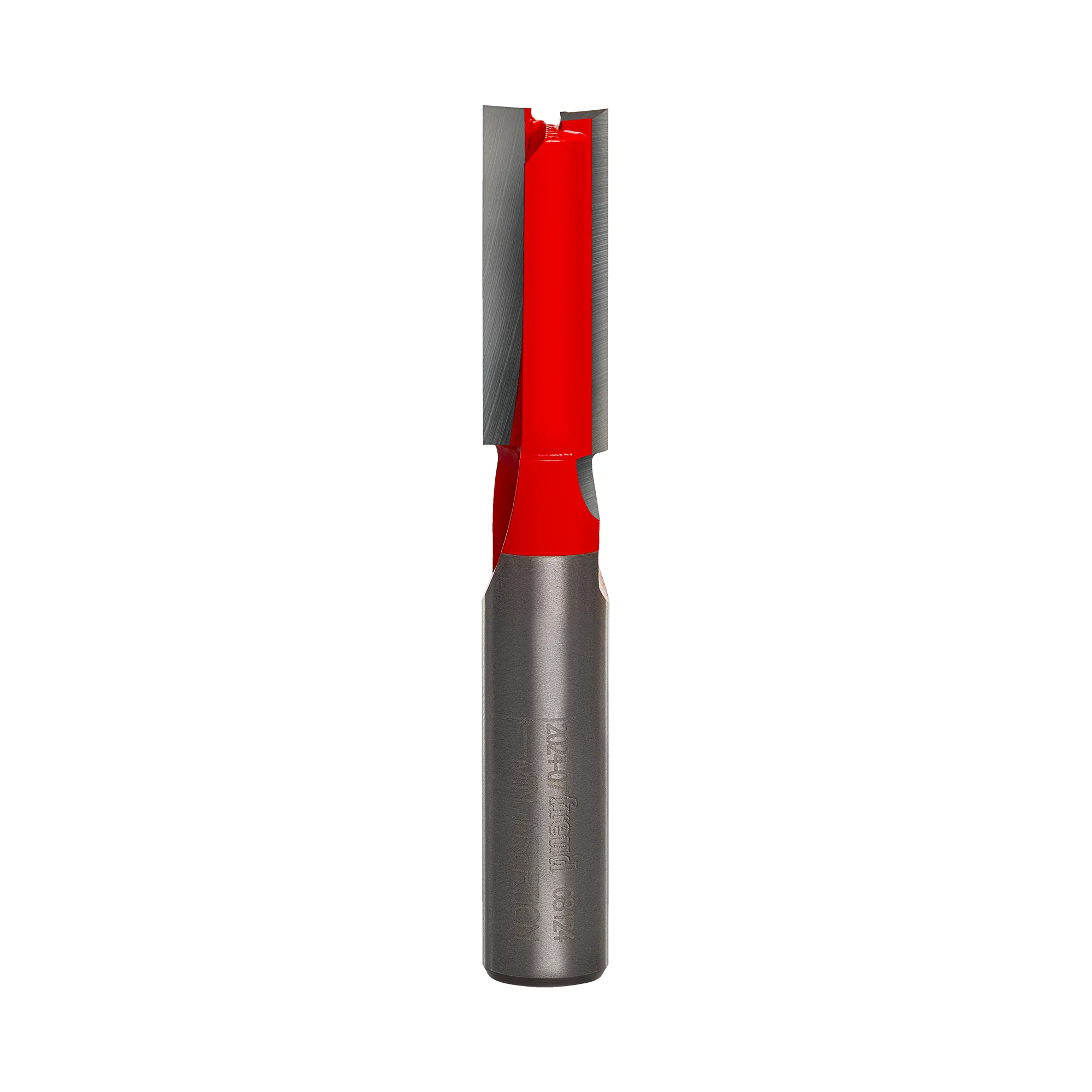 Studio product shot of the Freud 08-124 double flute straight router bit, featuring a silver 3/8-inch shank and a red Perma-SHIELD coated cutter head.