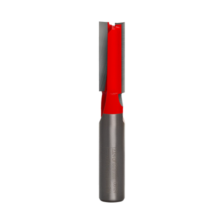 Studio product shot of the Freud 08-124 double flute straight router bit, featuring a silver 3/8-inch shank and a red Perma-SHIELD coated cutter head.