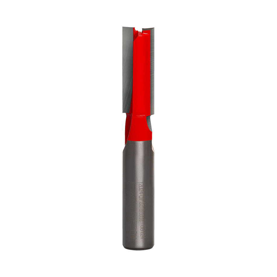 Studio product shot of the Freud 08-124 double flute straight router bit, featuring a silver 3/8-inch shank and a red Perma-SHIELD coated cutter head.