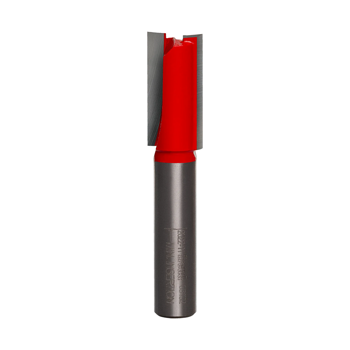 A professional studio photograph of the Freud 08-132 double flute straight router bit, featuring a red cutting head with sharp silver carbide edges and a polished 3/8 inch steel shank.