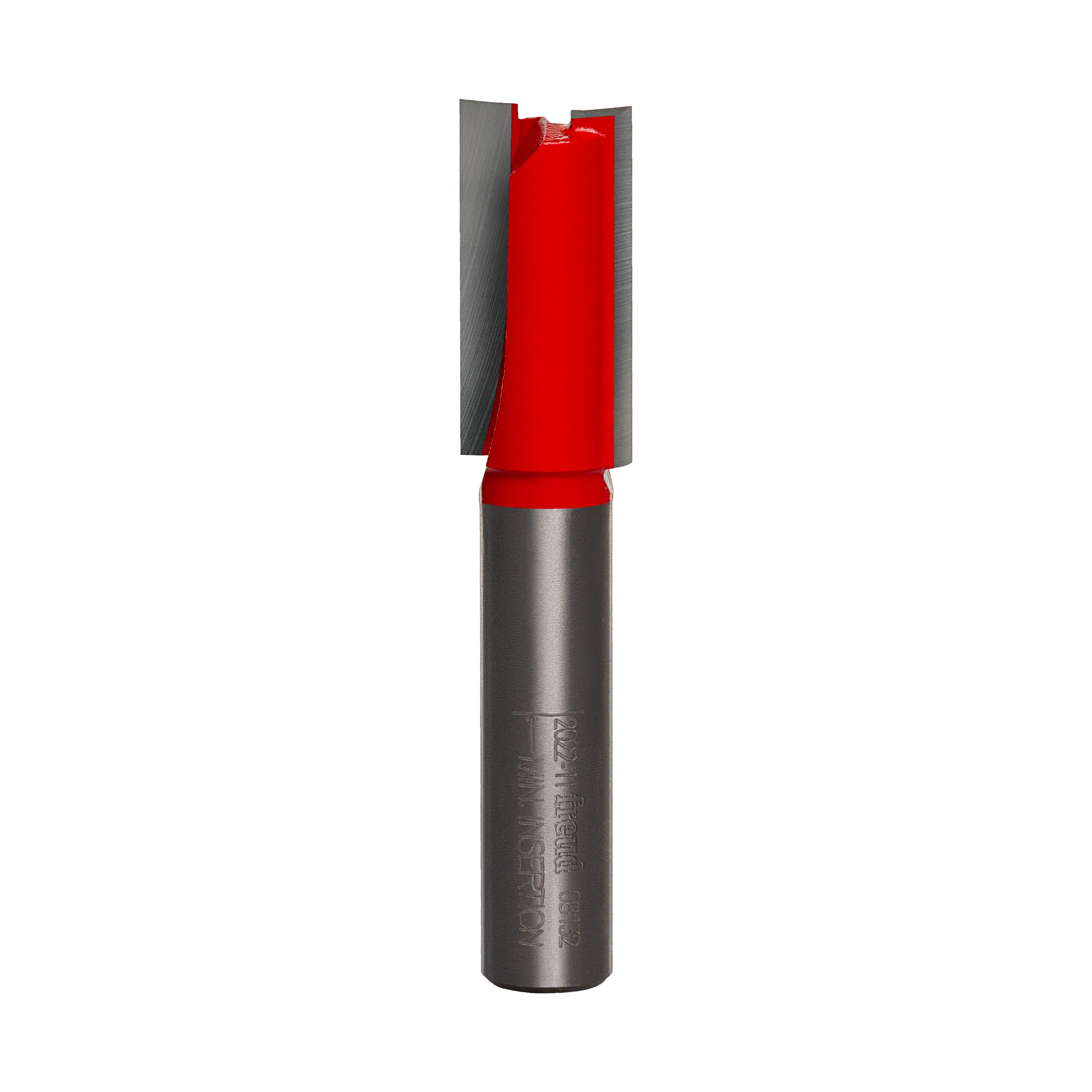 A professional studio photograph of the Freud 08-132 double flute straight router bit, featuring a red cutting head with sharp silver carbide edges and a polished 3/8 inch steel shank.