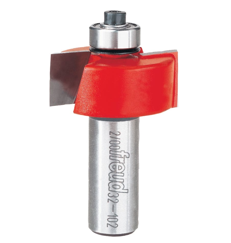 Image of Freud 1-1/4" Rabbeting Bit. 
This is a close-up image of a woodworking router bit, featuring a striking red body with two large, exposed silver cutting blades on opposite sides. A small silver bearing is visible at the very top, and the silver shaft below the red body has the brand name "Freud" and model number "32-102" engraved vertically.