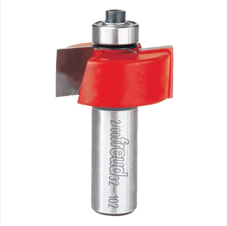 Image of Freud 1-1/4" Rabbeting Bit. 
This is a close-up image of a woodworking router bit, featuring a striking red body with two large, exposed silver cutting blades on opposite sides. A small silver bearing is visible at the very top, and the silver shaft below the red body has the brand name "Freud" and model number "32-102" engraved vertically.