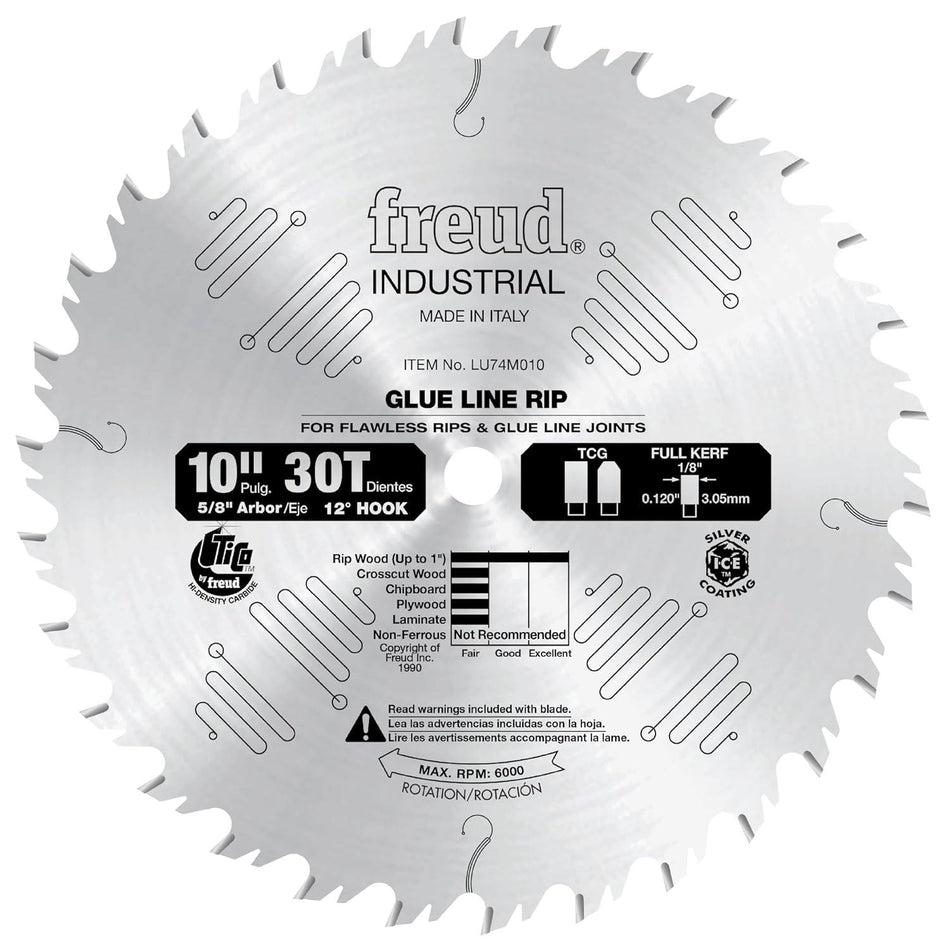 A front-facing view of the Freud Industrial Glue Line Rip saw blade, model LM74M010, featuring 30 teeth, a 10-inch diameter, and laser-cut anti-vibration slots.