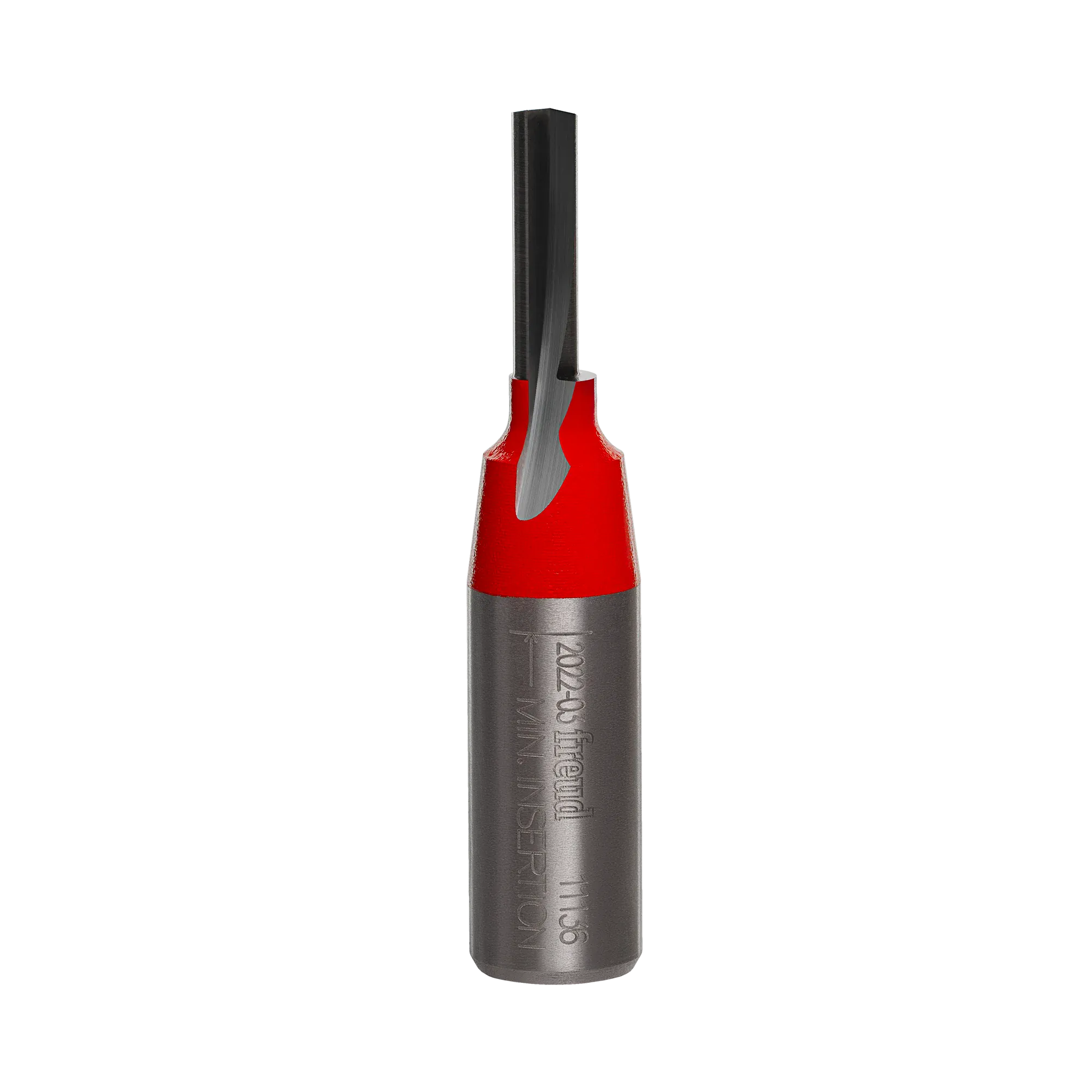 A professional studio photograph of the Freud 11-136 single flute straight router bit, showcasing its red-coated body, sharp silver carbide cutting edge, and polished 1/2-inch steel shank.
