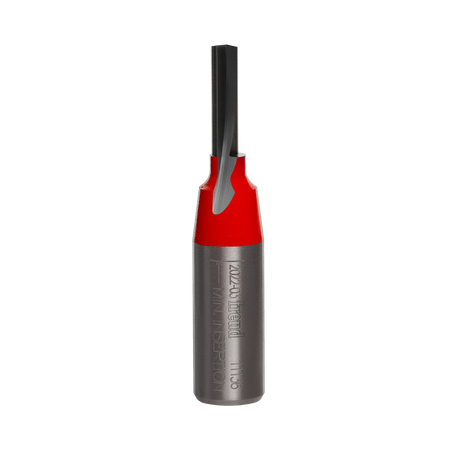 A professional studio photograph of the Freud 11-136 single flute straight router bit, showcasing its red-coated body, sharp silver carbide cutting edge, and polished 1/2-inch steel shank.