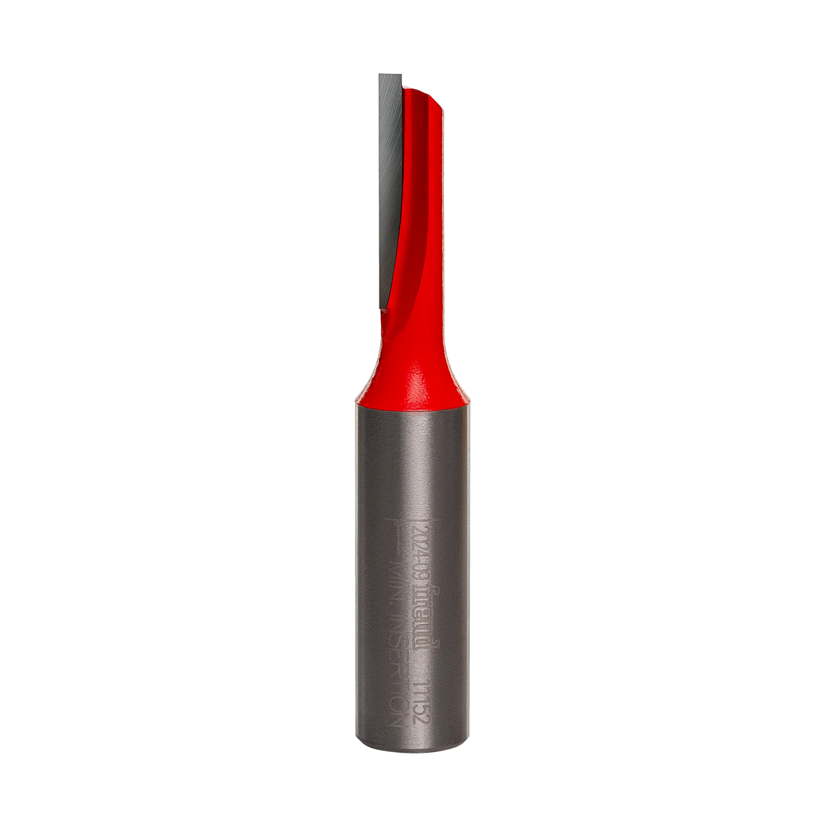 A professional studio photograph of the Freud 11-152 single flute straight router bit, featuring a bright red body, a sharp silver carbide cutting edge, and a polished 1/2-inch steel shank.