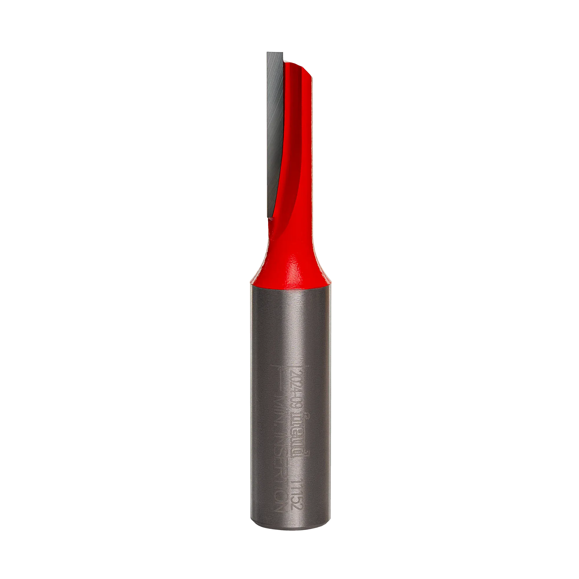 A professional studio photograph of the Freud 11-152 single flute straight router bit, featuring a bright red body, a sharp silver carbide cutting edge, and a polished 1/2-inch steel shank.