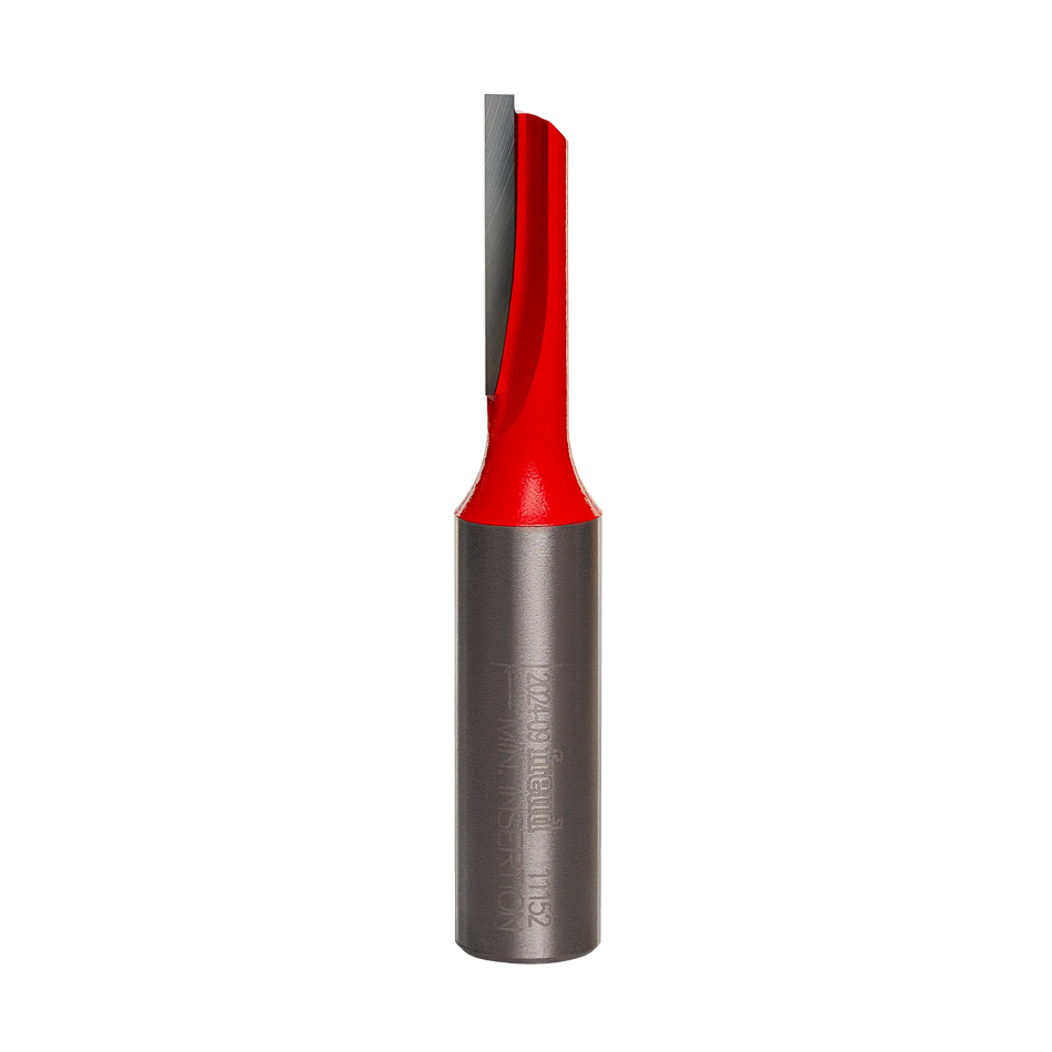 A professional studio photograph of the Freud 11-152 single flute straight router bit, featuring a bright red body, a sharp silver carbide cutting edge, and a polished 1/2-inch steel shank.